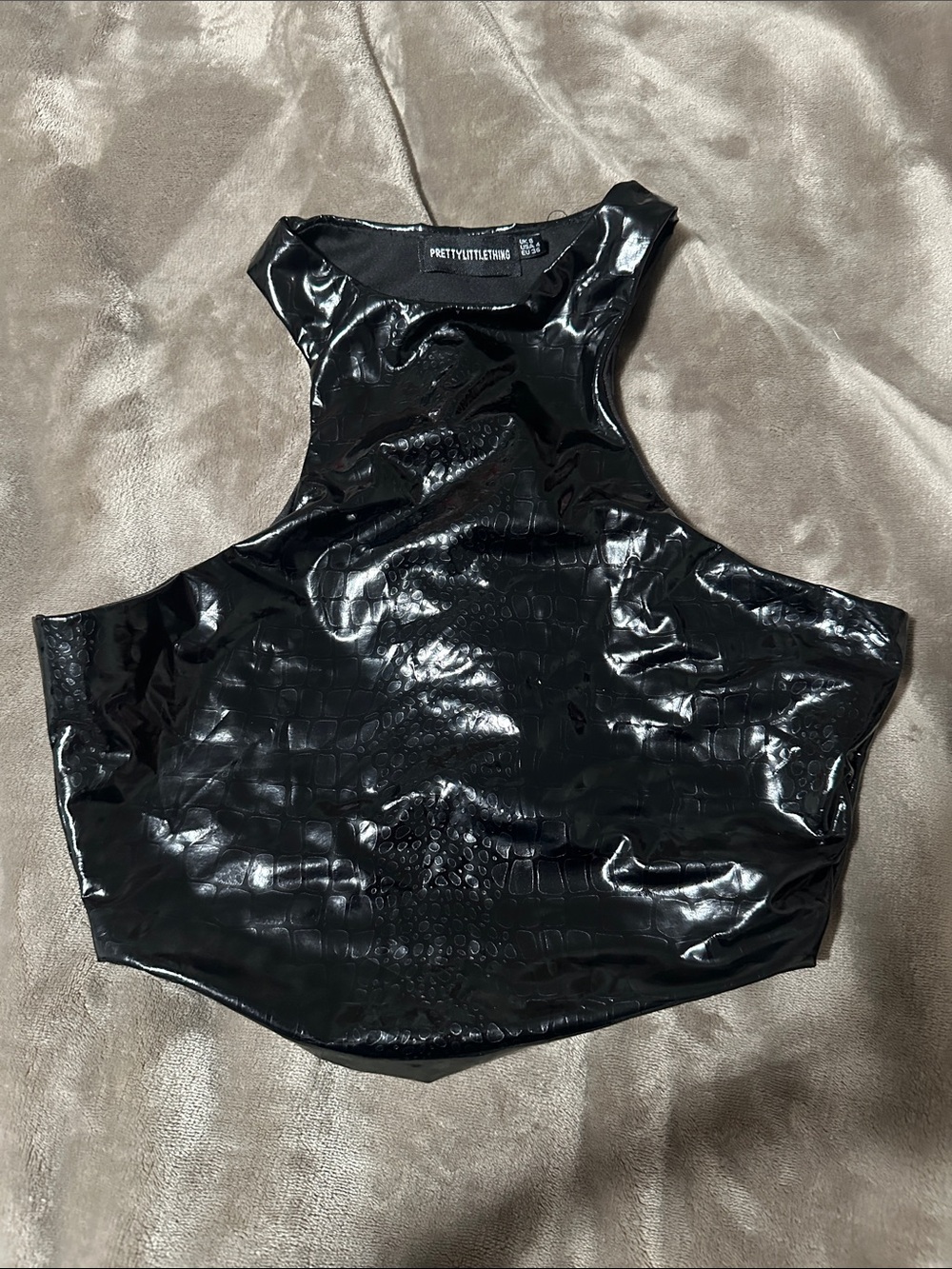 PrettyLittleThing Black Croc-Embossed Vinyl Halter Crop Top